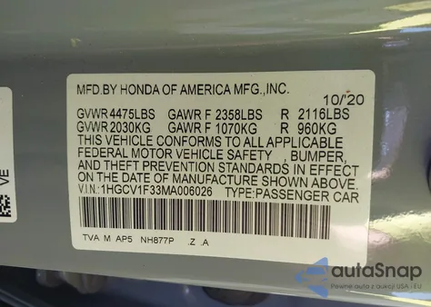 2021 Honda Accord Sport from USA, damaged, VIN 1HGCV1F33MA006026